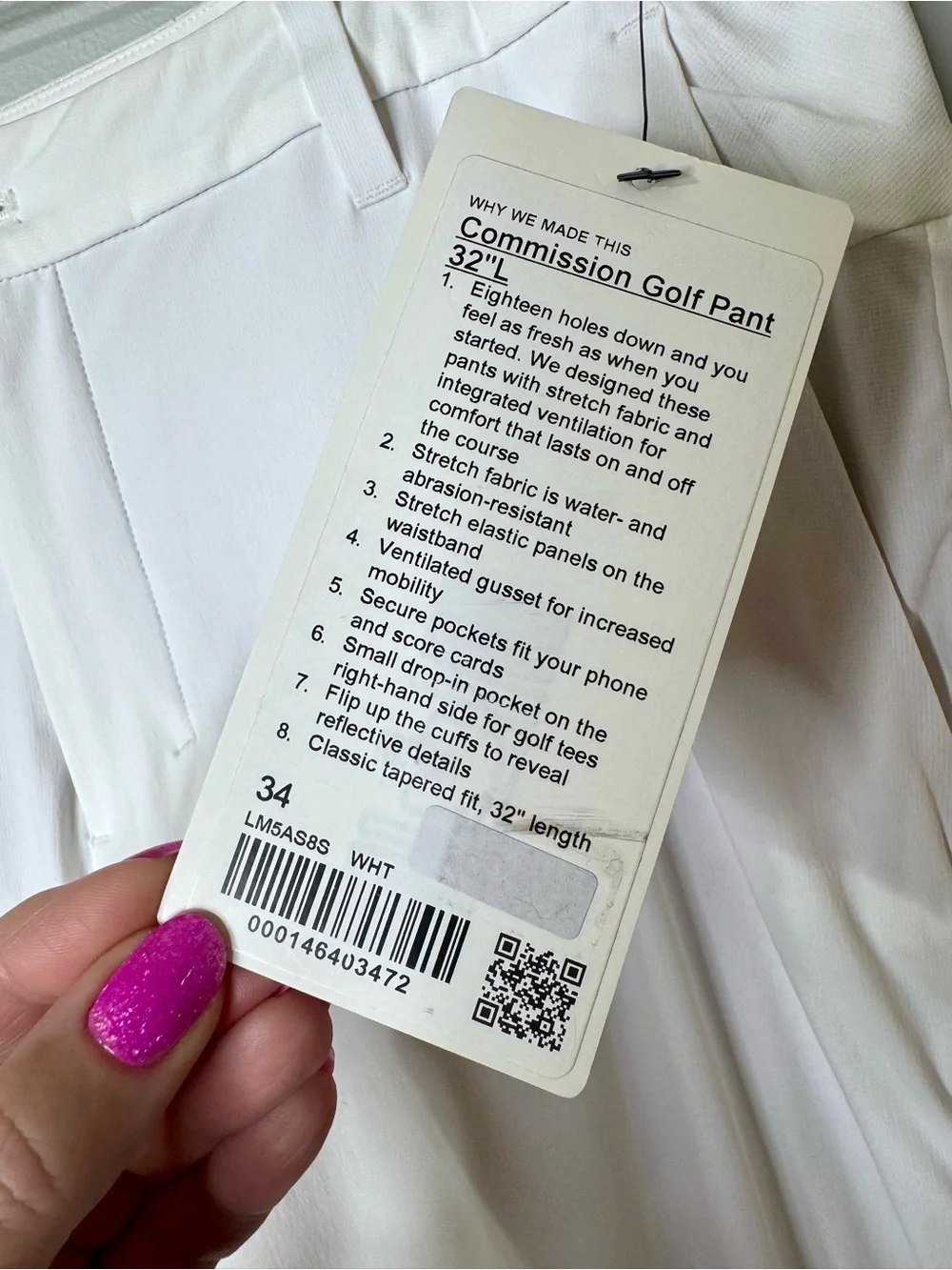 Mens Lululemon Commission Golf Pant 32” Length White Size 34 NWT